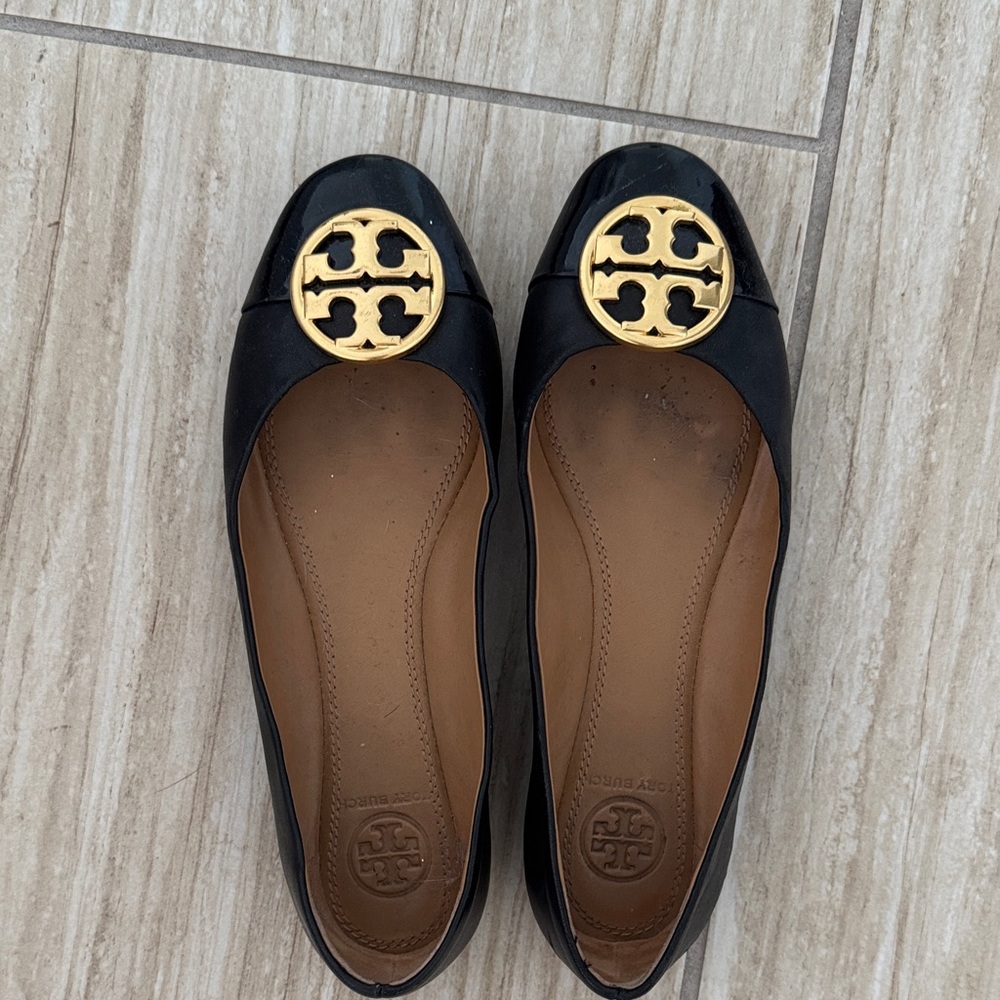 Tory Burch Black Flats with Gold Emblem